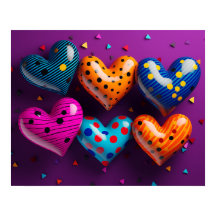 Seis corazones 3D sobre fondo morado