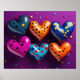 Póster Seis corazones 3D sobre fondo morado