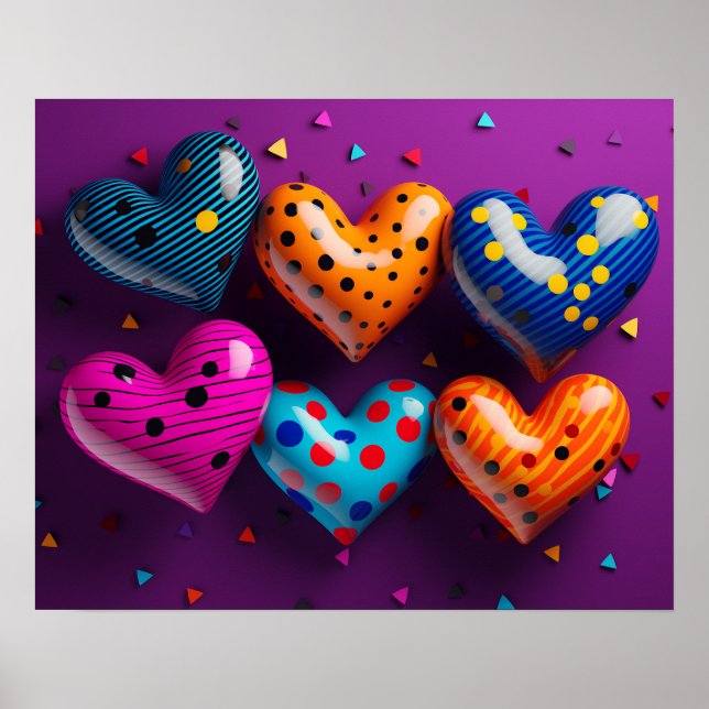 Póster Seis corazones 3D sobre fondo morado (Frente)
