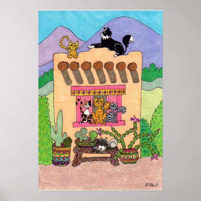 Póster Seis gatos en una casa de Adobe Naranja (Frente)