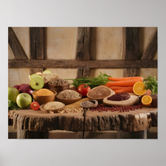 Póster Selección de alimentos saludables sobre fondo de m