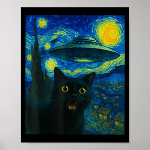 Póster Selfie de gato con alienígena Ovni noche Van Gogh 
