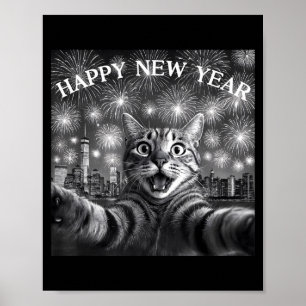 Póster Selfie de gato con cuenta regresiva de fuegos arti