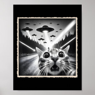 Póster Selfie de gato con ovni _ Alien y gato divertidos 
