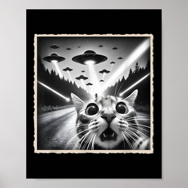 Póster Selfie de gato con ovni _ Alien y gato divertidos  (Frente)