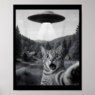 Póster Selfie de gato con ovni alienígena divertido gato 
