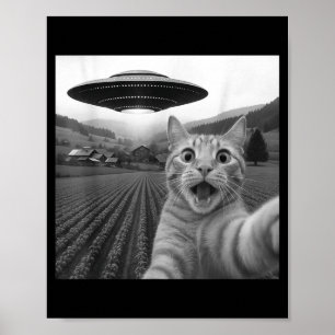 Póster Selfie de gato con ovni alienígena divertido para