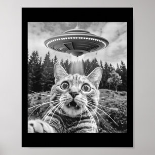 Póster Selfie de gato con ovni alienígena divertido para