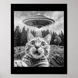 Póster Selfie de gato con ovni alienígena divertido para