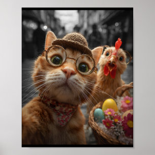 Póster Selfie de gato y pollo, divertidos huevos de Pascu
