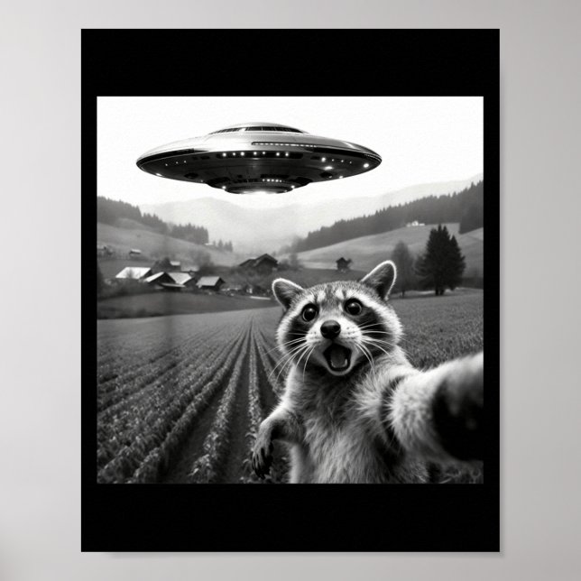 Póster Selfie de mapache con alienígena ovni divertido ma (Frente)