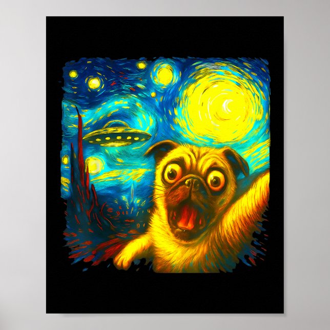 Póster Selfie de Pug con extraterrestre Ovni Noche estrel (Frente)