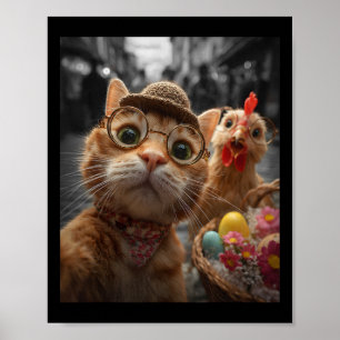 Póster Selfie divertida de gato y pollo con huevos de Pas