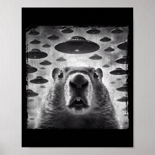 Póster Selfie divertida de marmota con ovnis alienígenas