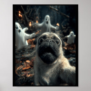 Póster Selfie Divertida de Pug con Fantasmas en el Bosque