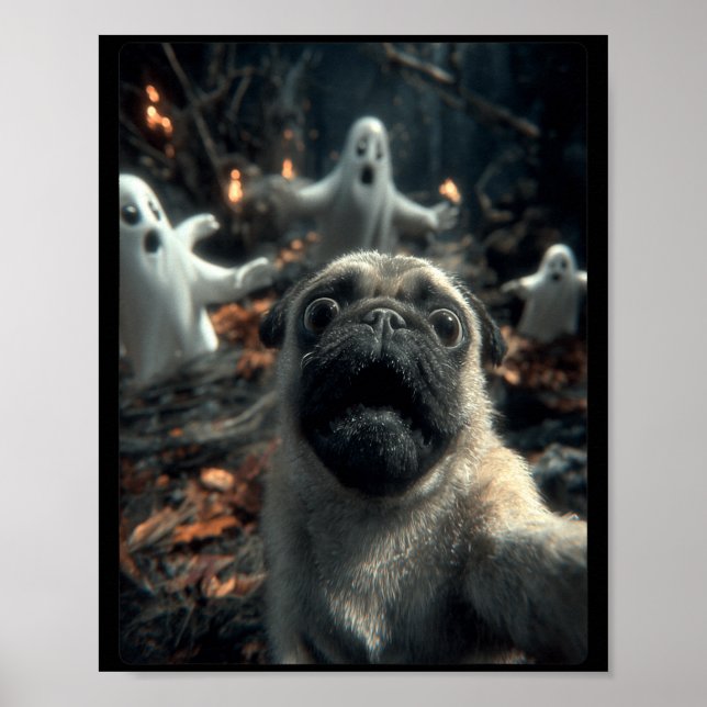 Póster Selfie Divertida de Pug con Fantasmas en el Bosque (Frente)