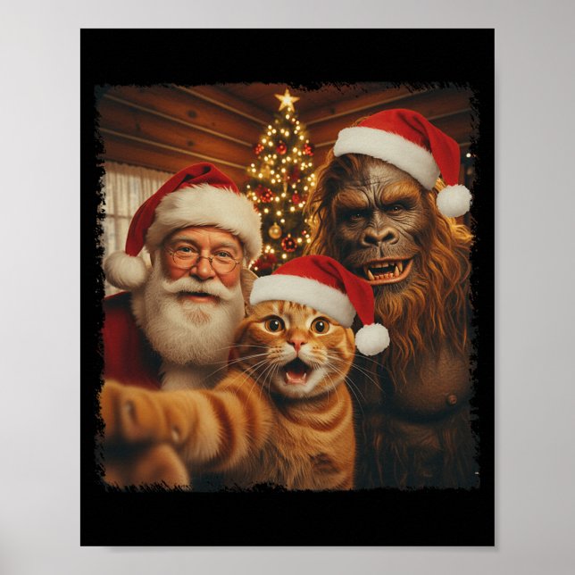 Póster Selfie Divertido De Gato Con Sasquatch Y Santa Nav (Frente)