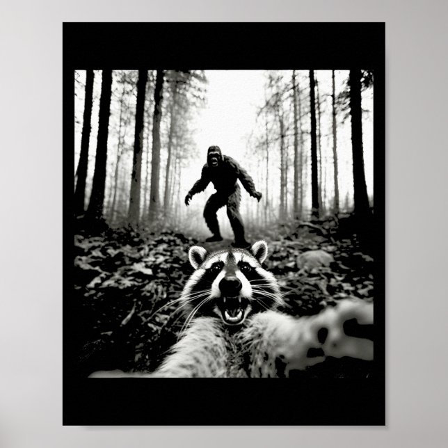 Póster Selfie divertido de mapache con Sasquatch Bigfoot (Frente)