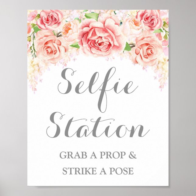 Póster Selfie Station Boda Rótulo acuarela rosa Floral (Frente)