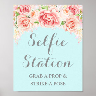 Póster Selfie Station Boda Rótulo color de agua rosa azul