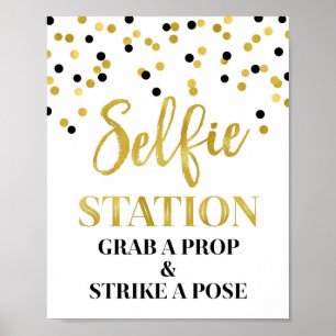 Póster Selfie Station Boda Rótulo Oro Confetti Negro
