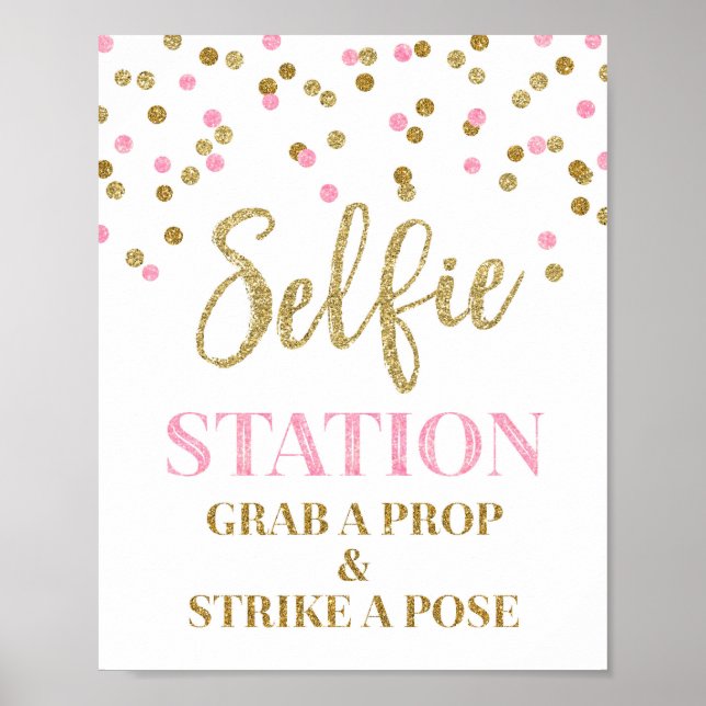 Póster Selfie Station Boda Rótulo Oro Confetti Rosa (Frente)