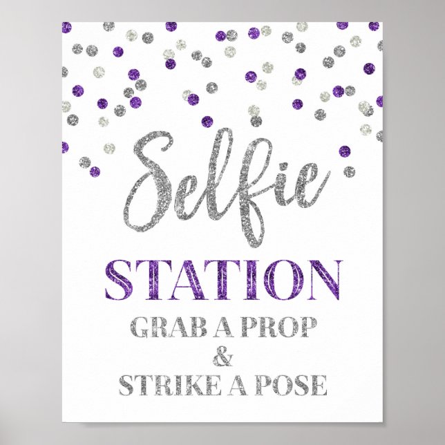Póster Selfie Station Boda Rótulo Purple Silver Confetti (Frente)