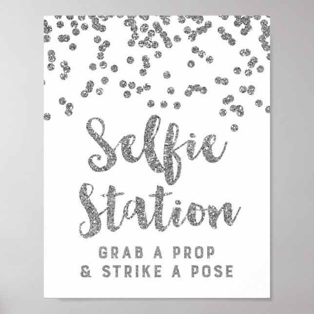 Póster Selfie Station Boda Rótulo Silver Confetti (Frente)