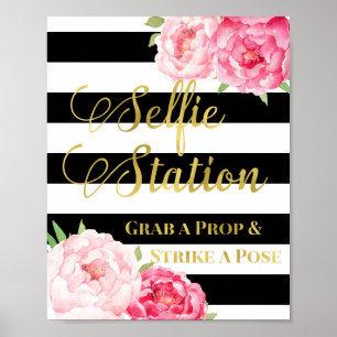 Póster Selfie Station Rótulo Bandas negras rosadas floral