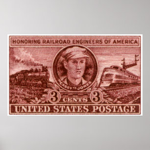 Póster Sello 1950 del ferrocarril de Casey Jones