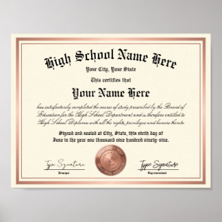 Póster Sello de oro rosa Diploma de Escuela Secundaria, e