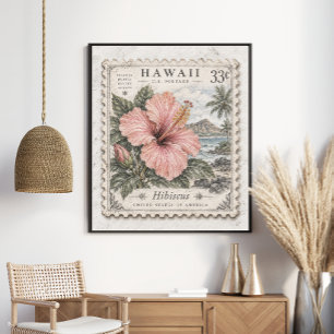 Póster Sello Postal Tropical de Hibisco de Hawái Antiguo