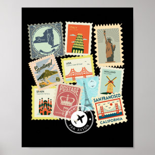 Póster Sellos de Correos de Viaje Antiguos Vacaciones Fil