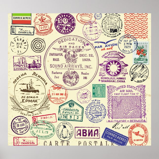 Póster Sellos de época, conjunto de documentos decorativo (Frente)