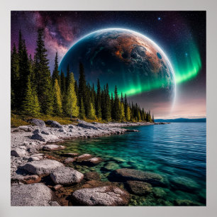 Póster Selva bajo un cielo cósmico con Aurora