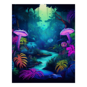 Póster Selva de neón con hongos y plantas brillantes