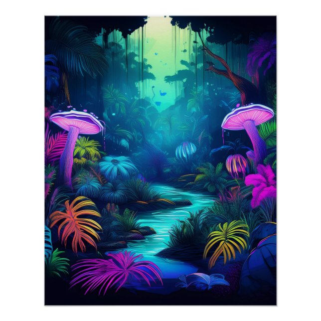 Póster Selva de neón con hongos y plantas brillantes (Anverso)