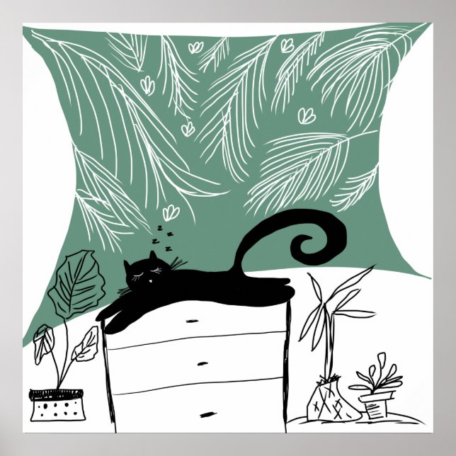 Póster Selva de plantas de relajación de gato negro (Frente)