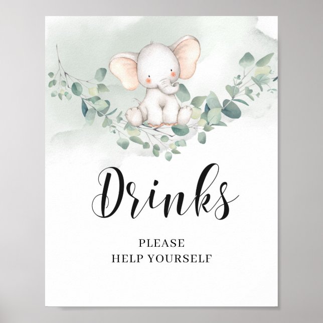 Póster Selva elefante eucalipto hojas bebidas señas (Frente)