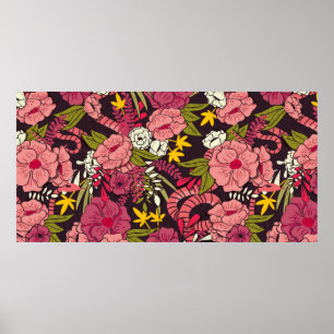 Póster Selva floral con patrón de serpientes, flor tropic