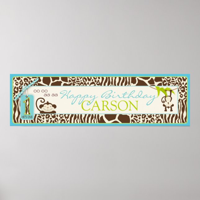 Póster Selva Mono Safari Primer Cartel de Cumpleaños Azul (Frente)