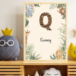 Póster Selva Safari Nombre Personalizado Monograma Q Guar