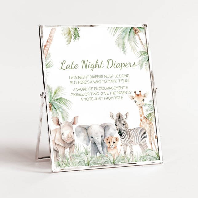 Póster Selva Safari salvaje de animales de la noche (Jungle Safari Animals Wild One Baby Shower Late Night Diapers Sign)
