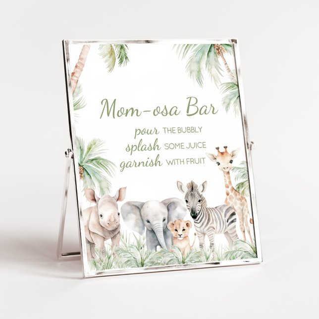 Póster Selva Safari salvaje uno de los animales Mamá bar  (Jungle Safari Animals Wild One Baby Shower Mom Osa Bar Sign )
