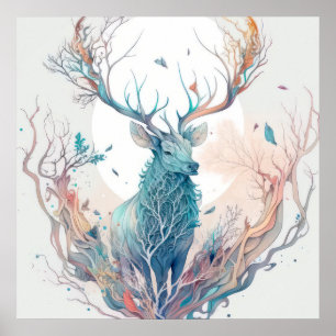 Póster Selva silvestre de pintura animal de Stag Deer