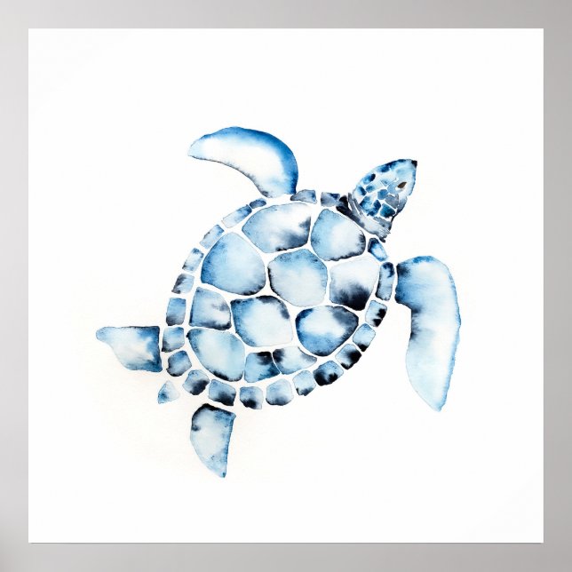 Póster Sencilla acuarela tortuga marina pintando azul (Frente)