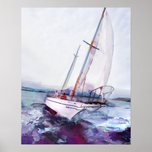 Póster Sencilla acuarela y tinta del barco de vela inclin