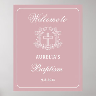 Póster Sencilla cruz floral en bautismo rosa bienvenida