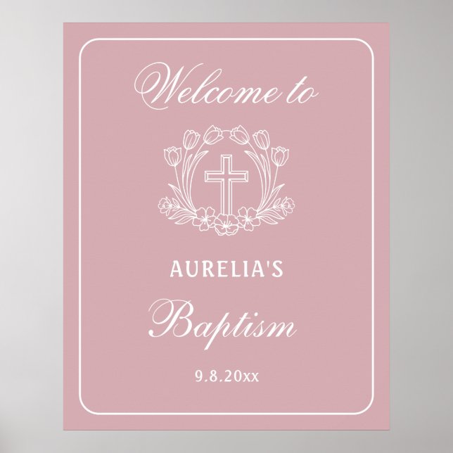 Póster Sencilla cruz floral en bautismo rosa bienvenida (Frente)