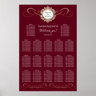 Póster Sencilla Elegante Asiento De Boda Negro Swirl Gold